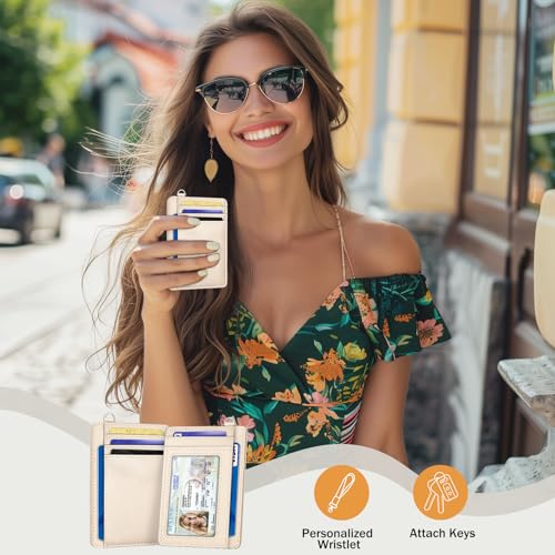 Image of Yonlevres Credit Card Holder Women Slim RFID Blocking Wallet Small Beige | Front Pocket, Handy, RFID Blocking, Woman Girls Ladies Gifts, D-ring for Keychain,Thin Mini Card Case, ID Window, PU Leather