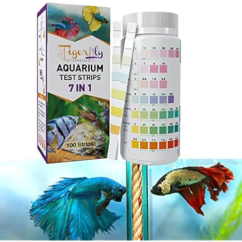 Tigerlily Enterprises 7 in 1 Aquarium Water Testing Kit, Fish Tank Test Strips for Freshwater & Saltwater Aquariums. To Quickly and Accurately Detect GH, NO2, NO3, CL2, KH and pH - 100 Strips Cover