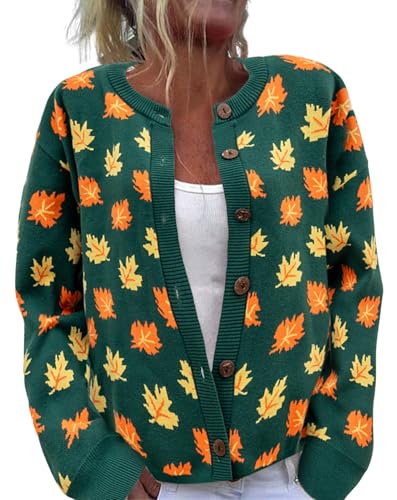 Image of Women's Funny Fall Winter Animal Floral Christmas Tree Long Sleeve Button Knit Cardigan Sweater
