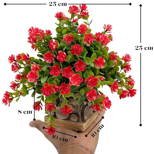 Image of Tdas Artificial Flower Plants Leaves Wooden Potted Eucalyptus Flowers Home Decor Greenery Small Faux with Pot for Indoor Shelf Desk Bathroom Bedroom Office Decoration (Red)