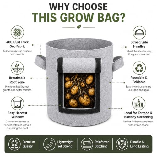 Image of Casa De Amor 15x12 Inch Potato Grow Bags for Root Vegetables, Geo Fabric 400 GSM Plant Bag (Light Grey Color, Pack of 2)