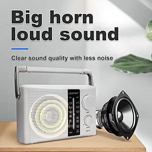 LEOTEC AM FM Radio Transistor Radio Battery or AC Powered with Excellent Reception,Good Sounds Large Speakers,Big and Precise Tuning Knob,Earphone Jack White