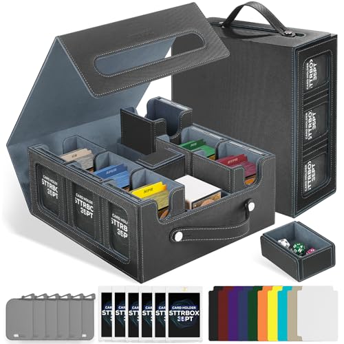 STTRBOX Commander Deck Box with Handle, Trading Card Storage Box for MTG&TCG.7 in 1 MTG Deck Box with 6 Toploaders, 6 Stoppers, 10 Colorful Dividers.(Black & Grey, 7 IN 1) - image 1