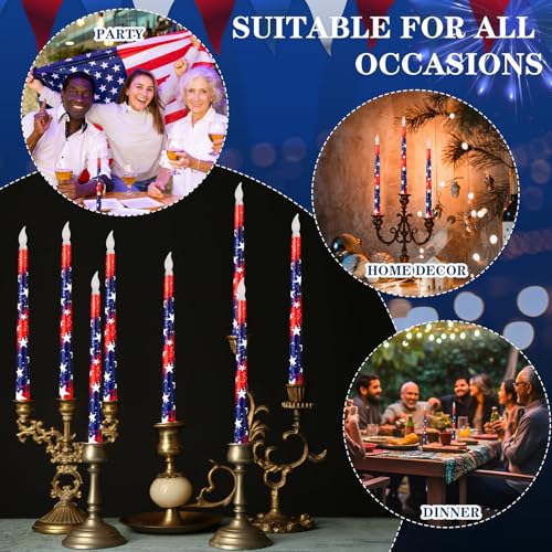 Image of Aurelema 8 Pcs Patriotic Candles Flameless Taper Candles with Remote & Timer 4th of July American Flag Flameless Candlesticks Flickering Real Candle for Independence Day Decoration (Retro Style)