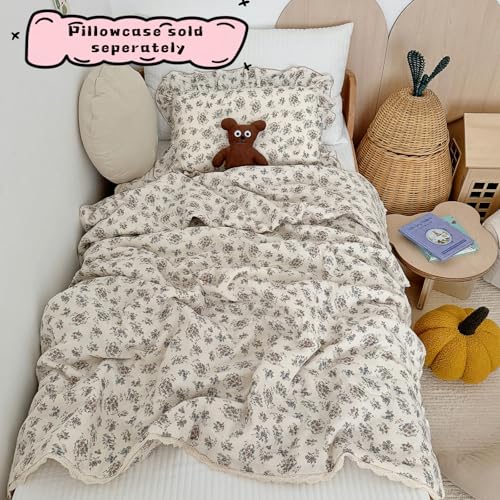 Image of BuLuTu French Country Blue Floral Quilted Blanket with Lace Edges, Muslin Cotton Toddler Bed Baby Crib Comforter Girls Boys Nursery Decor, 47 inchx59 inch, Soft Lightweight, Ballon Flower Print