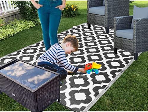 BalajeesUSA Outdoor Rug - 5x7 Black, Reversible Recycled Plastic Straw Outdoor Patio Rugs Clearance Waterproof Large RV Camper Rug 507
