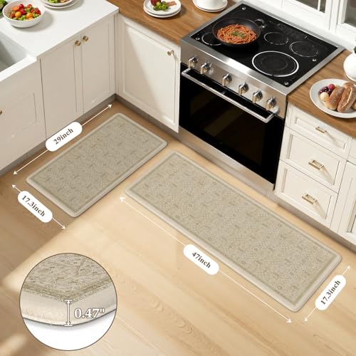 KIMODE Kitchen Mats for Floor Cushioned Anti Fatigue,Boho Farmhouse Kitchen Rugs Sets of 2,Cushioned Floor Mats Non Slip,Memory Foam Kitchen Mat for Laundry Sink Office Home,Khaki