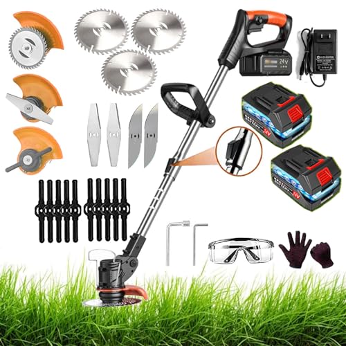 Electric Weed Wacker battery powered weed wacker grass trimmer 24V Electric Weed Wacker Cordless Lightweight Battery Weed Trimmer with 2 Batteries, Used for Lawn Garden Yard Trimming (Black)