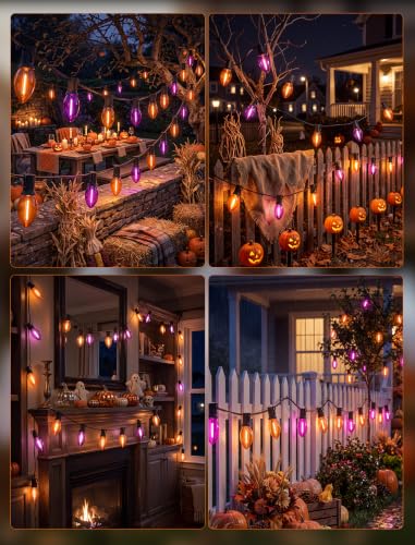 Image of 25FT LED C9 Orange and Purple Halloween String Lights Outdoor, 26 C9 Bulbs