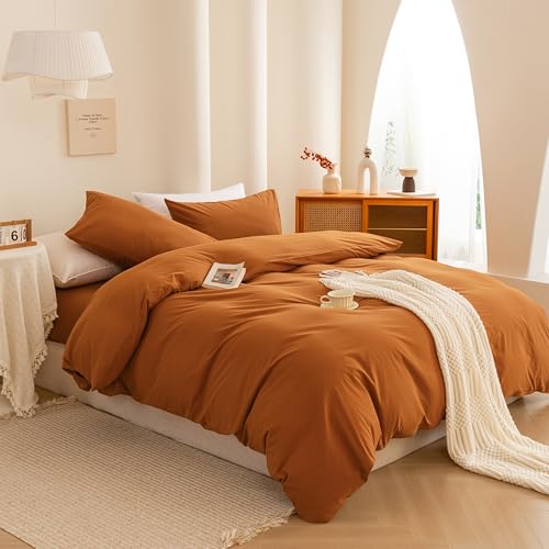 Image of ECOCOTT Orange Duvet Cover King Size, 3 Piece 100% Washed Cotton 1 Duvet Cover with Zipper and 2 Pillowcases, Ultra Soft and Easy Care Breathable Cozy Bedding Set (Orange,King)