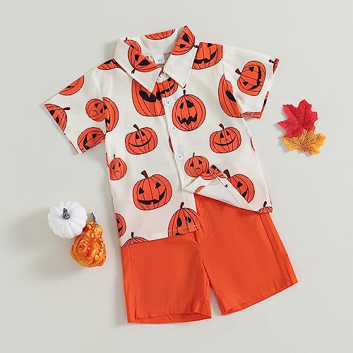 Toddler Baby Boy Halloween Outfits Pumpkin Short Sleeve Button Down Shirt Top Shorts Set 2Pcs Gentleman Clothes2