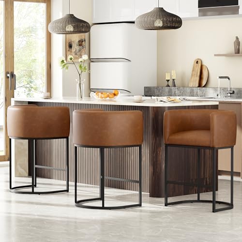 26″ H Counter Height Bar Stools Set of 3, Modern Barrel Counter Stools with Backrest and Arms, Faux Leather Upholstered Accent Barstools for Kitchen Island,Support 450 LBS（Walnut Brown）