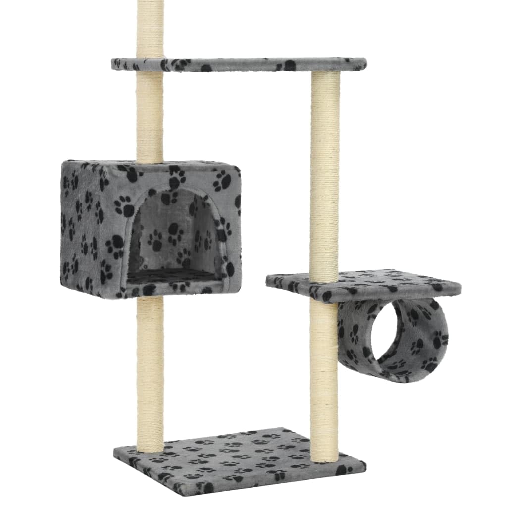 Katzen-Kratzbaum mit Sisal-Kratzsäulen 260 cm hoch, Kletterbaum Gross mit Haus, Zwei Tunneln, Spielzeug und Aussichtsplattformen, Katzenbaum Grau Pfotenabdruck