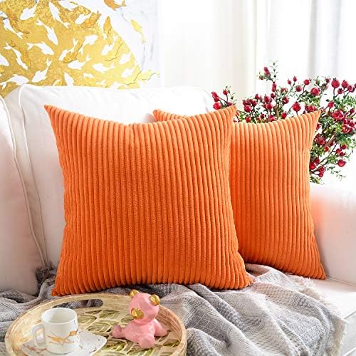 MERNETTE Pack of 2, Corduroy Soft Decorative Square Throw Pillow Cover Cushion Covers Pillowcase, Home Decor Decorations for Sofa Couch Bed Chair 20x20 Inch/50x50 cm (Striped Orange)