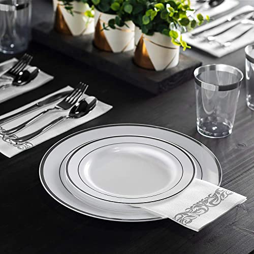 700 Piece Silver Dinnerware Set - 200 Silver Rim Plastic Plates - 300 Silver Plastic Silverware - 100 Silver Plastic Cups - 100 Linen Like Silver Napkins, 100 Guest Disposable Silver Dinnerware Set #TOP6