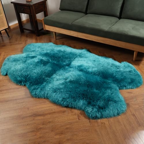 Premium Genuine Fur Sheepskin Rug Real Australia Sheepskin Natural Luxury Fluffy Lambskin Fur Area Rug Seat Covers for Kids Bedroom Sofa Chair Cover (Dark Aquamarine, 4ft x 6ft)