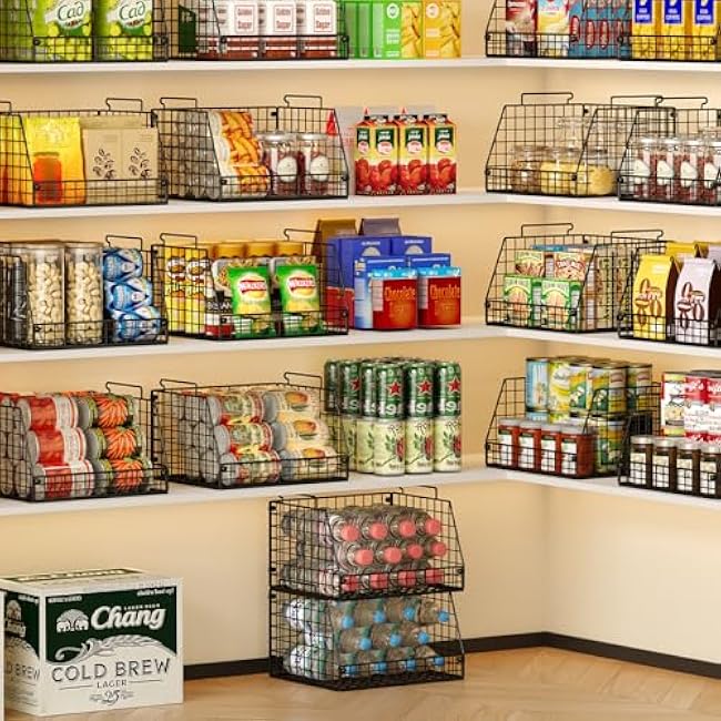 4 Pack XXL Stackable Wire Storage Basket, Extra Large Capacity Pantry Organizer and Storage, Muti-Purpose for Vegetable Fruit Basket & Can Organizer & Snack Rack & Metal Pantry Bin