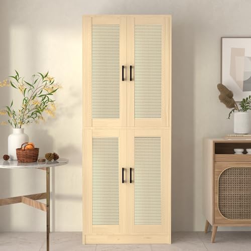 DIYART Oak Rattan Kitchen Pantry Cabinet, 71\" Tall Kitchen Pantry Storage Cabinet with Doors, Boho Kitchen Pantry Hutch with Storage for Kitchen, Dining Room - Thumbnail 4