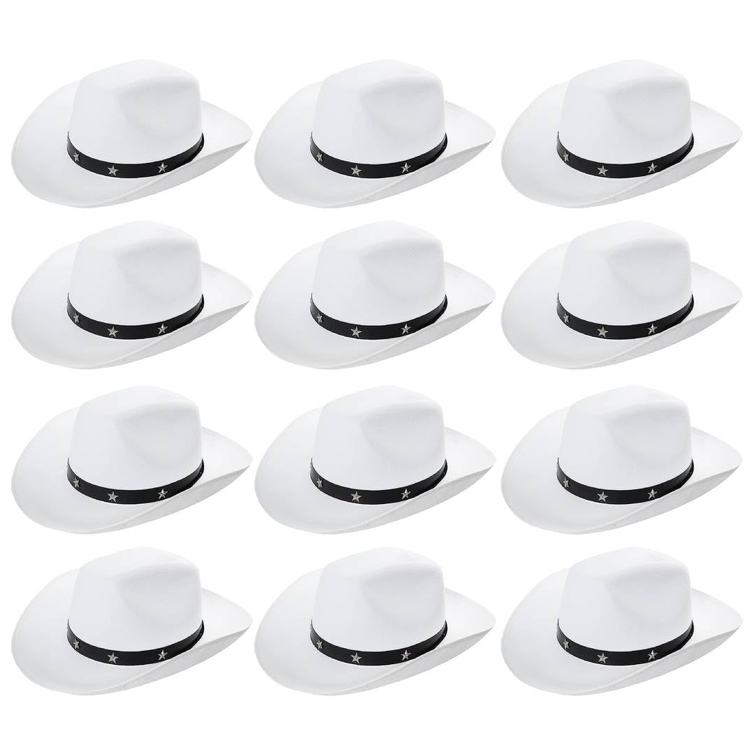Adults Star Studded Cowboy Hat - Pack of 12 - White Felt Western Style Hat with Decorative Star Studs - Classic Wild West Fancy Dress Costume Accessory for Parties Festivals Cosplay Cowgirl Events
