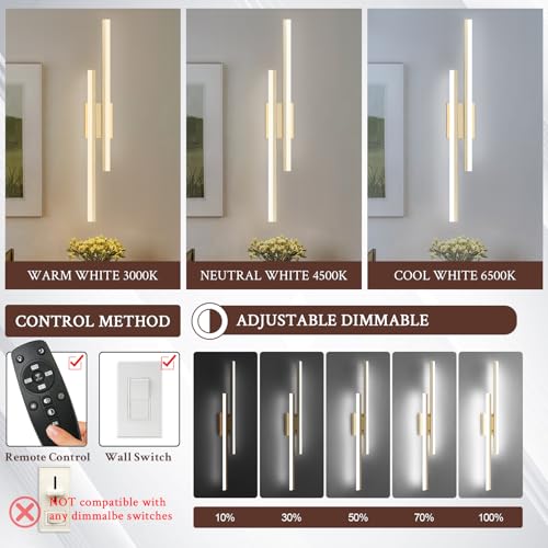 Image of LED Wall Sconce Set of 2 Gold Remote Modern LED Vanity Lights Set of 2 Indoor Wall Light Fixtures for Living Room, Dimmable Wall Sconce for Bedside Bedroom Bathroom, L31.5inch 2 Pack