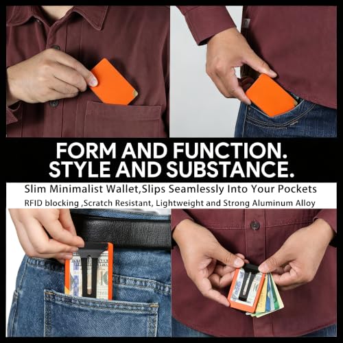 Image of Minimalist Wallet for Men, Slim Metal RFID Blocking Wallet Credit Card Holder Money Clip & Cash Strap, Scratch-Resistant Holds 15 Cards,Ideal Gift for Men | Matte Orange