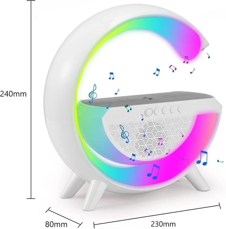 Image of G-Shape LED Lamp with Bluetooth Speaker & Wireless Charging - 3-in-1 RGB Night Light with Touch Control, Alarm Clock, and Fast Phone Charging for Bedroom, Office, or Gifts
