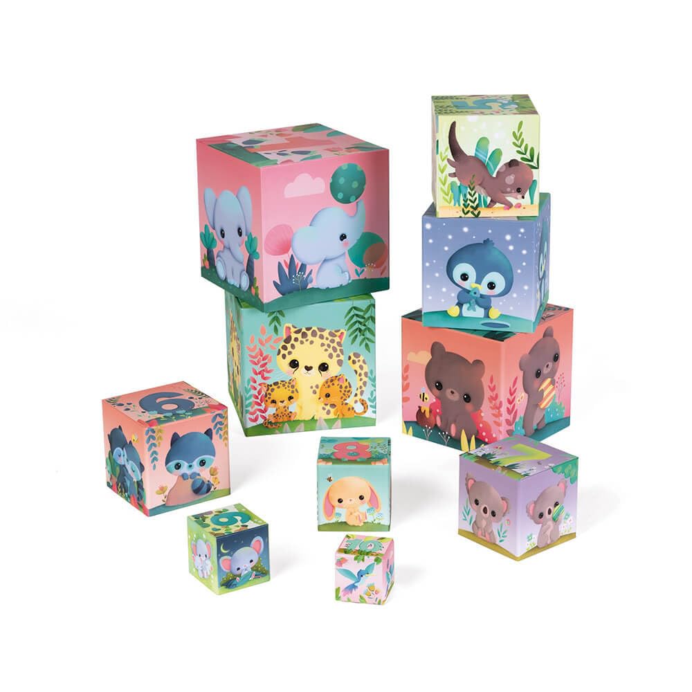 Janod - Animali Quadrati Piramidali - Gioco per L’Apprendimento e Prima Infanzia - Giocattolo di Impilamento e Incastro - Apprendimento di Numeri e Dimensioni - A Partire da 1 Anno, J02652