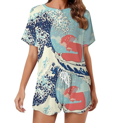 Ensemble pyjama femme anti-chaleur Vagues du Coucher du Soleil manches courtes