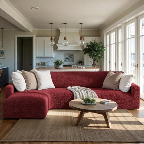 Image of Bellissima Sofa Covers - Premium Luxury Microfibra Plain Stretchable Sofa Cover Fully Covered Slipcover, Imported from Italy (Bordeaux, L Shape Left-UN)