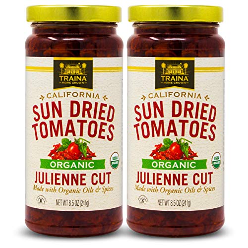 Traina Home Grown California Organic Sun Dried Tomatoes - Julienne Cut, Marinated in Italian Spices, Canola and Pure 100% Extra Virgin Olive Oil - 8.5 Oz Jars 2-pack