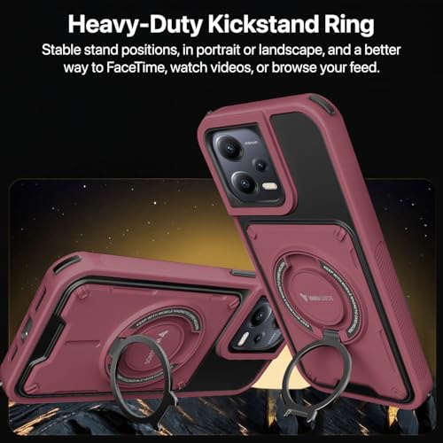 Image of Vaku Luxos Axion Armor Military Grade TPU Back Cover Case for Xiaomi Redmi Note 12 5G with Magnetic Ring Holder Kickstand Camera Screen Protector- Maroon