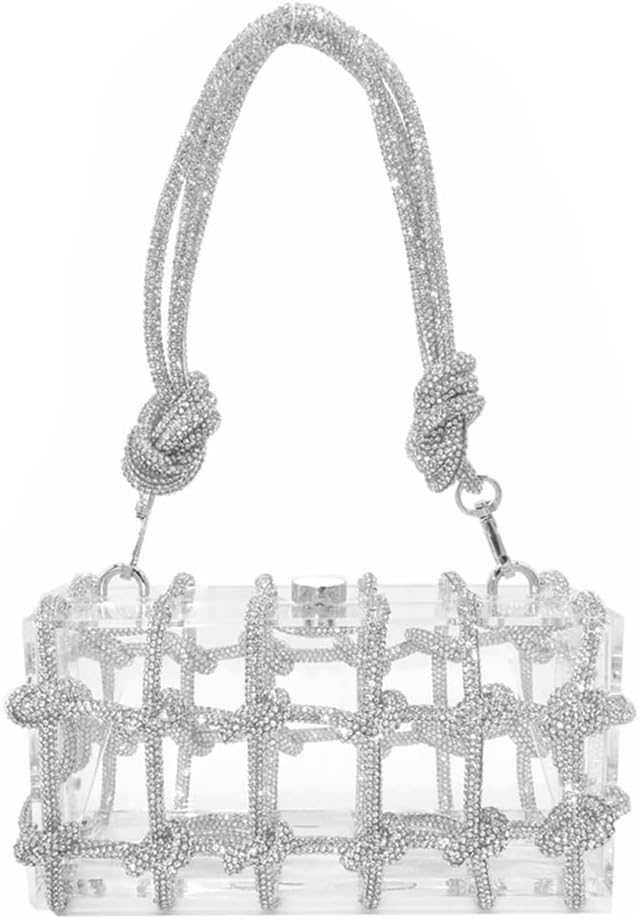 Clear Acrylic Clutch, Sparkle Rhinestone Evening Bag, Glitter Crystal-Embellished Rope Knot Handbag Purse for Party Silver a - Image 1 of 6