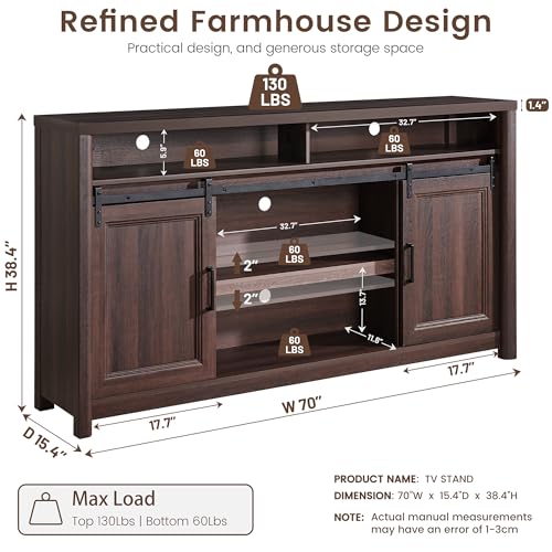 Image of Farmhouse TV Stand for Living Room, Entertainment Center with Storage, Walnut TV Console for Bedroom, Media Storage Cabinet with Sliding Barn Doors & Adjustable Shelves, Fits 80 Inch TV, Rustic Wood