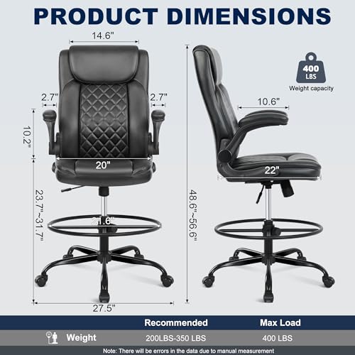 Image of Misolant Drafting Chair with Footrest Ring, Tall Office Chair for Standing Desk, PU Faux Leather Bar Counter Height Chairs with Adjustable Height, 360 Swivel Wheels for Garage Office, Black