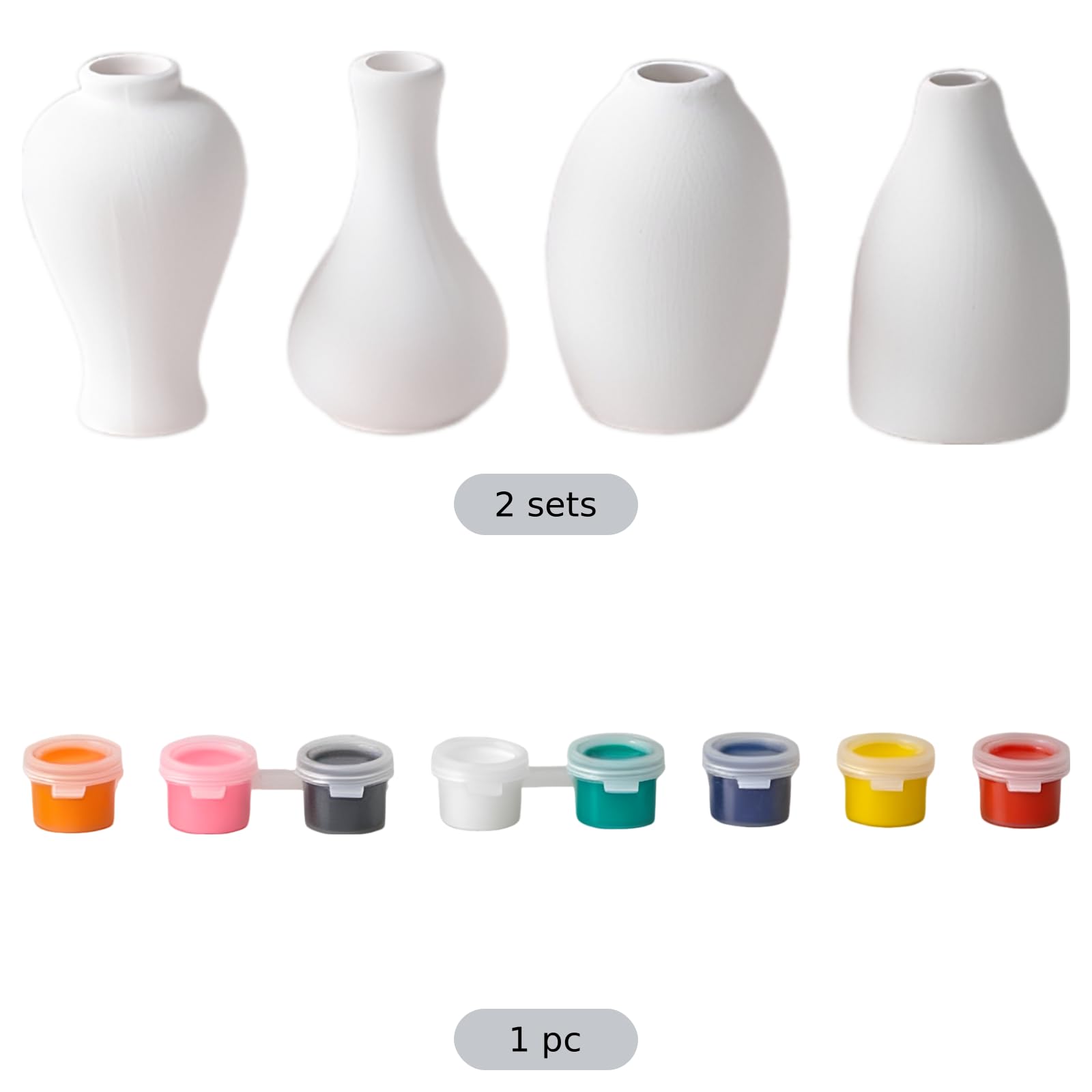 Deskium 2 Sets Vasen zum Bemalen, 9,3 cm Keramik Malset, 4 Stilrichtungen, unbemalte weiße Keramikvasen mit Farben und Pinseln, DIY Bastelzubehör für Wohndeko, kreative Projekte und Partygeschenke