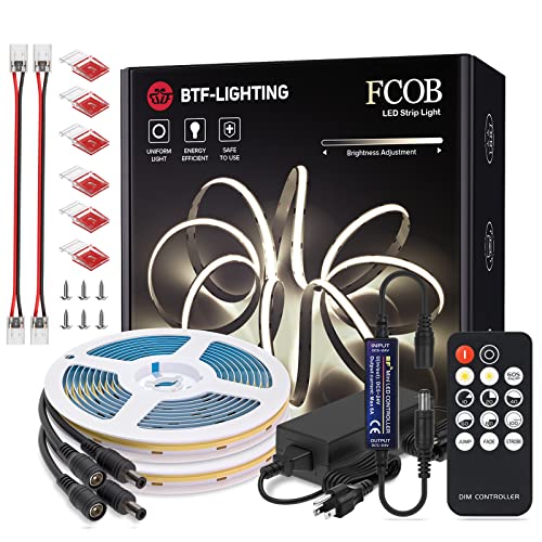 Image of BTF-LIGHTING FCOB COB LED Strip Light Super Bright Natural White 4000K | DC24V 32.8FT Dimmable CRI90+ Flexible LED Tape Light with Remote & Power Adapter for Bedroom Kitchen Home Indoor DIY Lighting