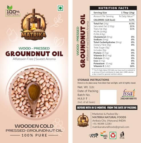Image of Sarv Matrikaa Natural Pure Wood Pressed Groundnut Oil 250ML| 100% Natural, Peanut Oil for Cooking & Frying | Rich in Nutrients