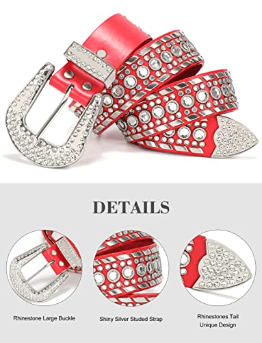 Western Cowgirl Rhinestone Belt Red Genuine Leather for Women Size 37-40 Inch2