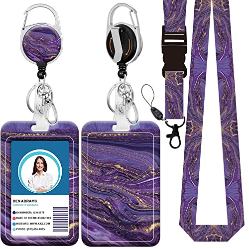 Badge Lanyard, Retractable Badge Holder with Carabiner Reel Belt Clip, Strap Lanyard with Lobster Clasp for Badge Holders, Nurse Teacher Office Gifts(BLC-Purple Marble B)