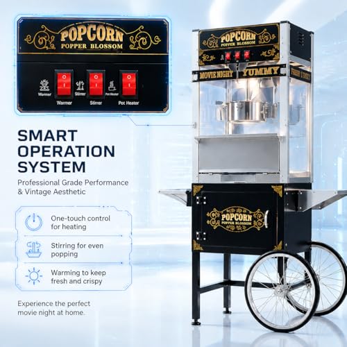 Image of Commercial Popcorn Machine with Cart - 32OZ Kettle Popcorn Makers With Heating Stainless Steel Kettle 3-Switch Control for Corporate, School, Business, Institutional, Theater, Carnival, Church, Black
