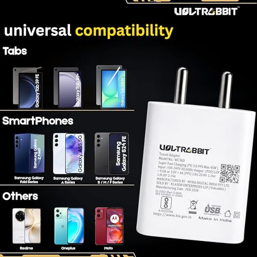 Image of 45W Super Fast Charger for Samsung Galaxy M06 5G, M16 5G, M17 5G, M33 5G, M35 5G, M36 5G | Type-C PD 3.0 Fast Charging Adapter | Compact & Safe Wall Charger (Vr-Whyt with Cable)