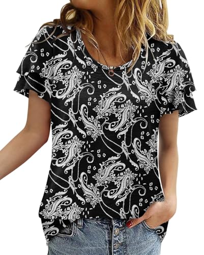 CRAZY GRID Women's Shirts Summer Casual Crewneck Ruffle Short Sleeve Blouses Cute Floral Print Tunic Tops
