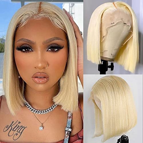 613 Blonde Lace Front Bob Wig Human Hair 13x4 HD Transparent Straight Short Bob Wigs for Women 150% Density Brazilian Virgin #613 Platinum Blonde Bob Wig Pre Plucked with Baby Hair (613 bob, 10)
