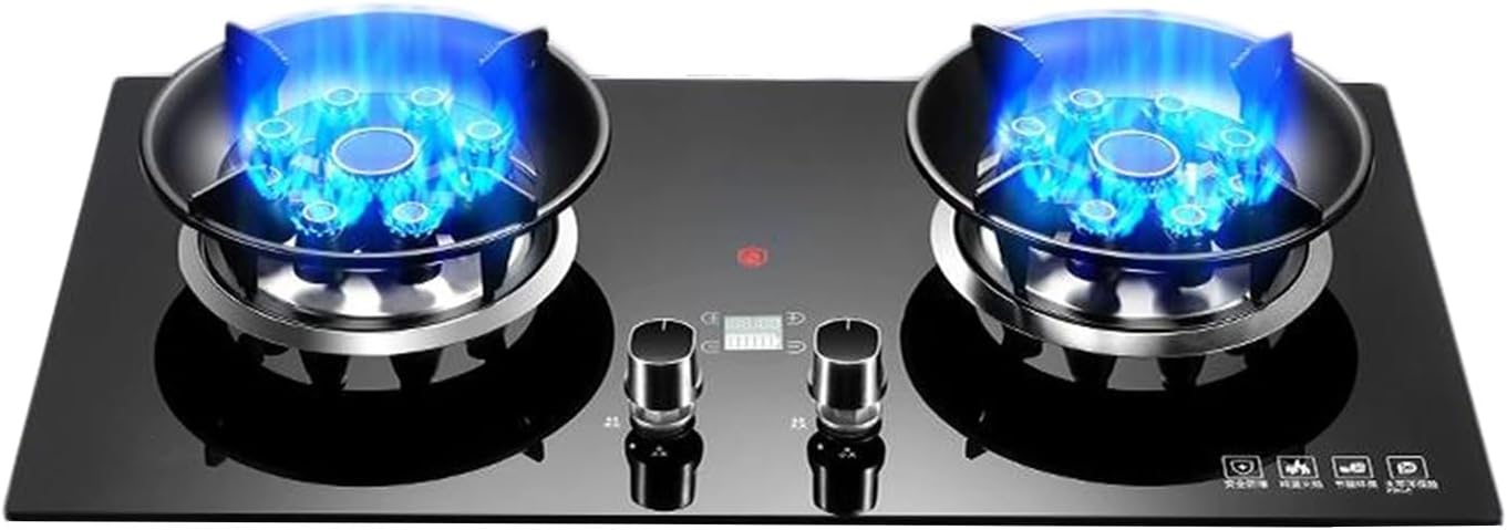 Double Burner Gas Stove,LPG/Natural Countertop,5.2KW 9-cavity High-Efficiency Wok,99min Independent Timer,with Flame Failure Protection,Tabletop/Built-in Dual-Use(NG)