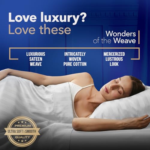 Image of TEXAS LINEN CO. 100% Egyptian Cotton Sheets Queen Size - Luxury 1000 Series Lonestar Lovin' Damask Bed Sheets Queen Size Set (4 PC, White Stripe), Cooling, 16 inch Deep Pocket, Sateen Weave Hotel Sheets
