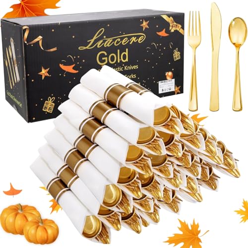 Liacere 100Pack Pre Rolled Gold Silverware and Napkin-Disposable Gold Plastic Utensils-Wrapped Plastic Cutlery Set with Napkin:100 Forks,100 Knives,100 Spoons,100 Napkins for Wedding&Thanksgiving