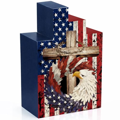 Image of Amyhill 4 Pcs 4th of July Decorations Set Wooden Patriotic Table Centerpieces Independence Day Wood Firework Fourth of July Table Signs for 250th Anniversary Home Farmhouse Decor (Pattern Style)