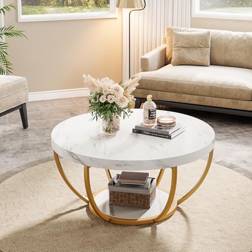 Image of Tribesigns White and Gold Round Coffee Table, 31.7 inch Living Room Table
