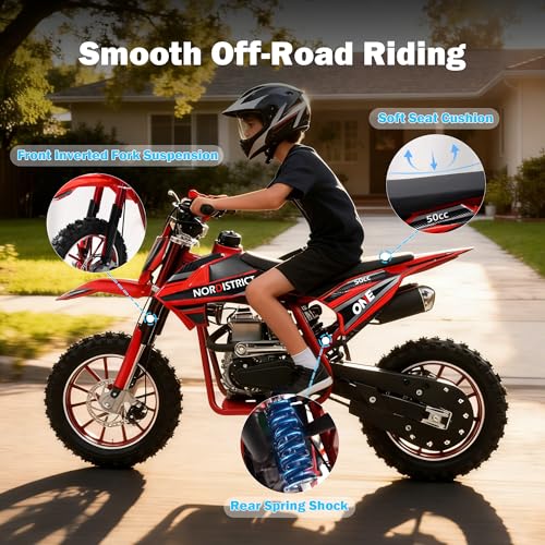 Image of 50cc 4 Stroke Dirt Bike for Kids 8-14,Gas Powered Dirt Bike with No Oil Mixing,Front&Rear Disc Brakes,Kids Dirt Bike with Inverted Fork Suspension,Pull Start,25MPH