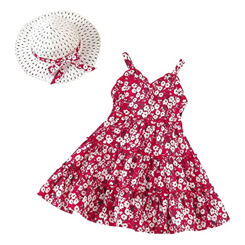 Toddler Baby Girls 𝙷awaiian Holiday Dress Backless Bowknot Flower Dress with Hat Beach Outfits 2pcs Set